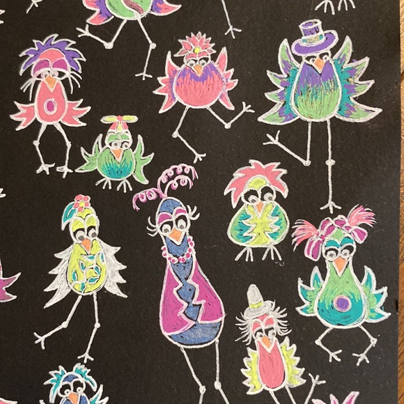 Unframed Original Art in Gel Pen on Black Paper Flocking Strange Birds - Picture 6 of 9